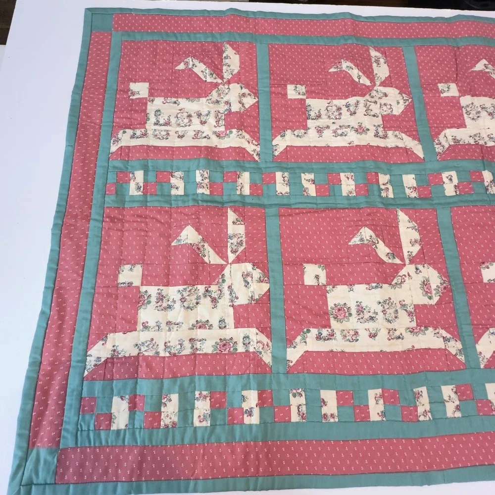 Handmade Bunny Rabbit Patchwork Quilt Pink‎ Teal Nursery Wall Hanging 40x33